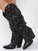 Stivali larghi neri al polpaccio Stivali morbidi da donna con zeppa e tacco a punta con perline