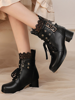 Stivali Lolita dolci con fiocchi neri e punta tonda scarpe Lolita in pelle PU