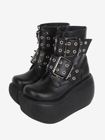 Stivali Lolita gotici Calzature Lolita in pelle PU nera con punta tonda