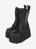 Stivali Lolita gotici Calzature Lolita in pelle PU nera con punta tonda