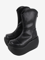 Stivali Lolita gotici Calzature Lolita in pelle PU nera con punta tonda