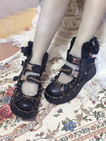 Stivali Lolita gotici Fringe Punta chiusa Tacco piatto Catene in ecopelle Stivali Lolita neri
