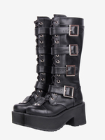 Stivali Lolita gotici neri con punta tonda in pelle sintetica con tacco spesso alti fino al ginocchio scarpe Lolita