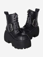 Stivali Lolita gotici Occhielli bianchi Punta quadrata metallizzata Calzature Lolita in pelle PU