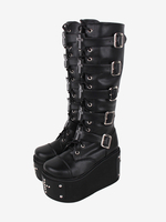 Stivali Lolita gotici Occhielli metallici in pelle PU Rivetti Punta rotonda Calzature Lolita nere