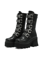 Stivali Lolita gotici Occhielli neri Calzature Lolita a metà polpaccio in pelle PU metallizzata