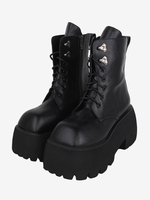 Stivali Lolita gotici Occhielli neri Calzature Lolita in pelle PU con punta quadrata metallizzata