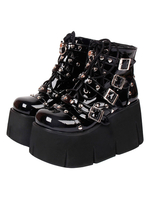 Stivali Lolita in pelle PU con punta tonda e zeppa con zeppa Harajuku Fashion Black Lolita Footwear
