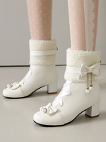 Stivali Lolita in stile ROCOCO in pelle PU con fiocchi in pizzo e perle punta rotonda calzature Lolita bianche ed ecru