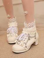 Stivali Lolita in stile ROCOCO in pelle PU con volant in pizzo e catene punta tonda calzature Lolita nere