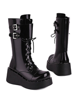 Stivali Lolita Punta tonda in pelle PU con lacci Calzature Lolita nere