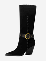 Stivali neri a metà polpaccio in pelle scamosciata con punta affilata fibbia e tacco spesso