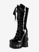 Stivali neri alti fino al ginocchio con plateau fibbia lacci e tacco grosso