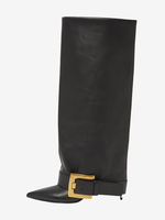 Stivali neri alti fino al ginocchio con punta a punta fibbia e tacco alto