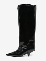 Stivali neri alti fino al ginocchio con tacco a gattino e punta affilata da donna