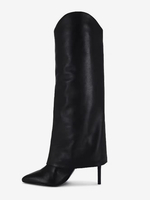 Stivali neri alti fino al ginocchio con tacco alto e punta affilata stivaletti pieghevoli per donna