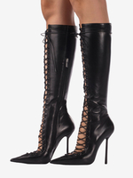 Stivali neri alti fino al ginocchio da donna con punta a punta con lacci e tacco alto