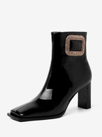 Stivali neri da donna Stivaletti con tacco grosso in pelle bovina con punta quadrata