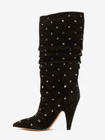 Stivali neri morbidi in pelle scamosciata con punta affilata borchiati tacco grosso stivali a metà polpaccio