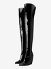 Stivali neri sopra il ginocchio a punta con zeppa e tacco alto fino alla coscia