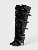 Stivali neri sopra il ginocchio con punta a punta fibbie tacco alto stivali alti fino alla coscia