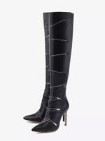 Stivali neri sopra il ginocchio punta affilata dettaglio cerniera tacco alto stivali alti fino alla coscia