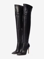 Stivali neri sopra il ginocchio taglie forti con punta a punta tacco alto stivali alti fino alla coscia