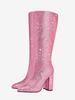 Stivali rosa al ginocchio con strass glitterati punta affilata tacco spesso stivali da festa