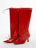 Stivali rossi a polpaccio largo da donna stivali alti fino al ginocchio con punta a punta e tacco a gattino
