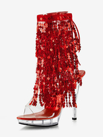 Stivali sexy con tacco alto punta aperta lacci paillettes tacco a spillo da pole dance stivali rossi alti fino alla coscia stivali sopra il ginocchio