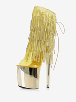 Stivali sexy da donna Peep Toe Lace Up Tacco a spillo stampato Stivali alti alla coscia color oro Rave Club Stivali sopra il ginocchio