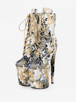 Stivali sexy da donna Punta tonda con lacci Tacco a spillo stampato Rave Club Stivali alti alla coscia albicocca sopra gli stivali al ginocchio