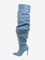 Stivali sopra il ginocchio blu con punta affilata e tacco alto stivali alti fino alla coscia in denim