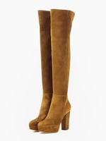 Stivali sopra il ginocchio con punta tonda Stivali alti alla coscia con plateau marrone caffè punta tonda e tacco grosso