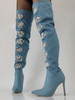 Stivali sopra il ginocchio con tacco alto punta affilata in denim dettagli in pizzo