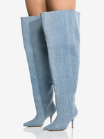 Stivali sopra il ginocchio da donna in denim con punta a punta stivali alti fino alla coscia e polpaccio largo