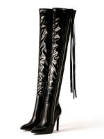 Stivali sopra il ginocchio da donna Stivali alti alla coscia in pelle PU con tacco a spillo e catene con punta a spillo