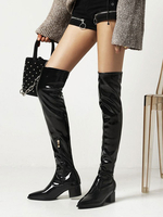 Stivali sopra il ginocchio da donna Stivali alti alla coscia neri in pelle PU con tacco grosso e punta a punta in