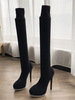 Stivali sopra il ginocchio da donna Tacco a spillo Punta tonda Catene in tessuto elastico Stivali alti alla coscia neri