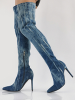 Stivali sopra il ginocchio in denim con tacco alto punta affilata e strisce blu