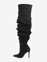 Stivali sopra il ginocchio in pelle scamosciata neri a punta con tacco alto e coscia alta