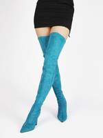 Stivali sopra il ginocchio in pelle scamosciata stivali alti fino alla coscia con tacco a zeppa e punta blu