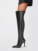 Stivali sopra il ginocchio neri con punta a punta in rete patchwork con tacco alto e coscia alta