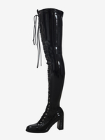 Stivali sopra il ginocchio neri da donna con punta quadrata tacco grosso lacci e alti fino alla coscia