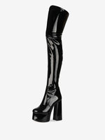Stivali sopra il ginocchio Punta tonda nera Tacco grosso Tacco alto Piattaforma Stivali invernali in pelle brillante per donna