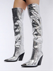 Stivali sopra il ginocchio Stivali alti alla coscia con tacco grosso e motivo pietra da donna argento