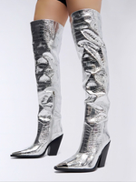 Stivali sopra il ginocchio Stivali alti alla coscia con tacco grosso e motivo pietra da donna argento