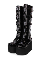 Stivali Steampunk Lolita Calzature Lolita nere con punta arrotondata in vernice PU