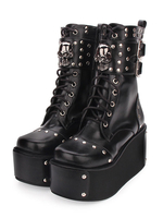 Stivali Steampunk Lolita Calzature Lolita nere con punta tonda in pelle PU