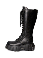 Stivali Steampunk Lolita Scarpe Lolita in pelle PU con punta tonda metallizzata nere con lacci